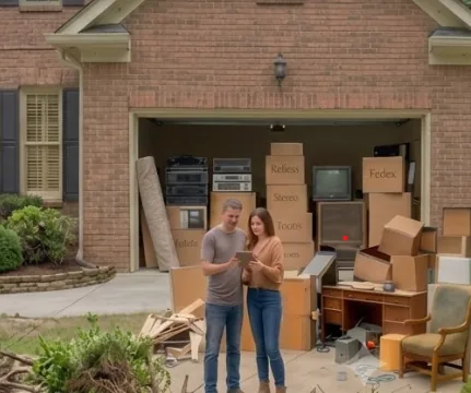 Homeowners reviewing their booking next to a garage full of junk